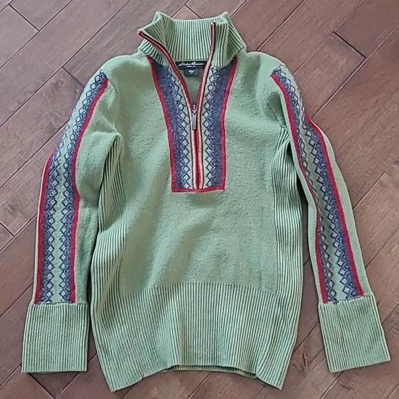 Eddie Bauer Green w/Red & Gray Nordic Knitted Pattern on Sleeves & Front Zip Med - Picture 3 of 6